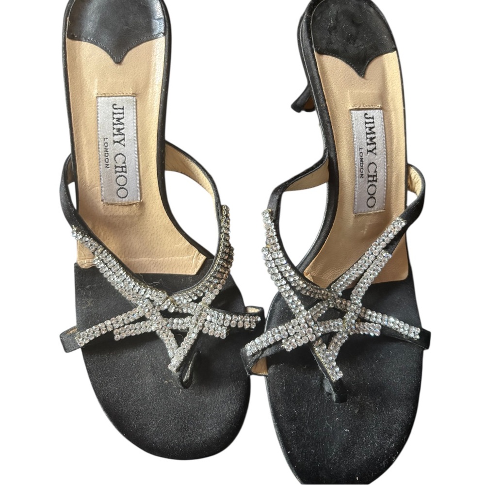 Jimmy Choo Authentic Rare Vintage Silk  Black Kitten Heels Silver Crystals 36.5